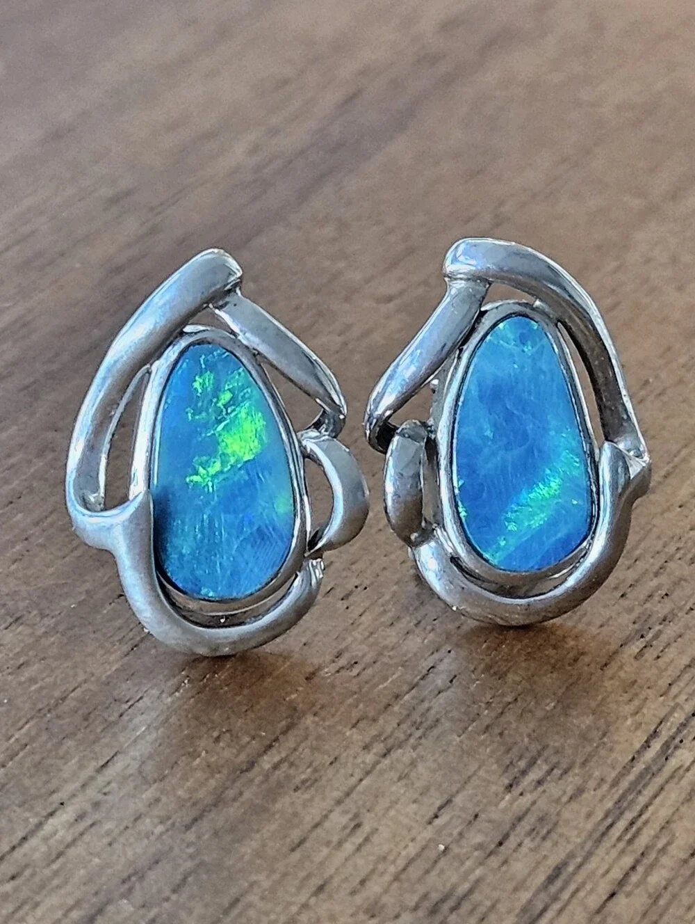 Designer Australian Black Opal Teardrop Sterling Silver Omega Back Earrings 1